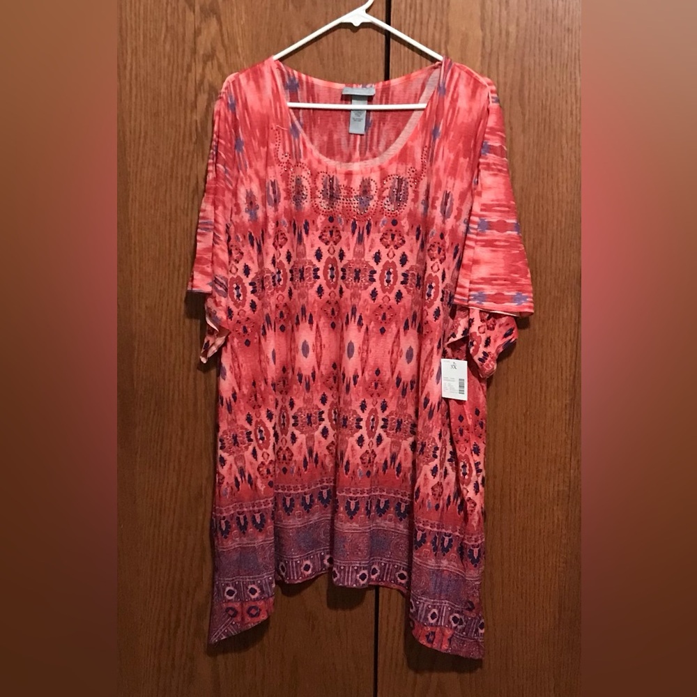 NWT Catherines Size 3X Coral Patterned Women's Tunic Top Shirt Blouse